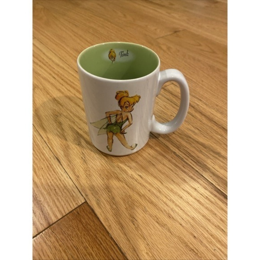 The Disney Store Tinker Bell Coffee Mug‎ Cup Peter Pan Green & White Tink 16 Oz.
